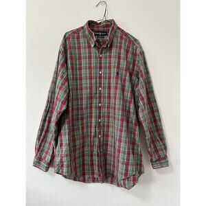 Ralph Lauren Mens Large Button Down Shirt Red Green Plaid Tartan‎ Flannel Pony